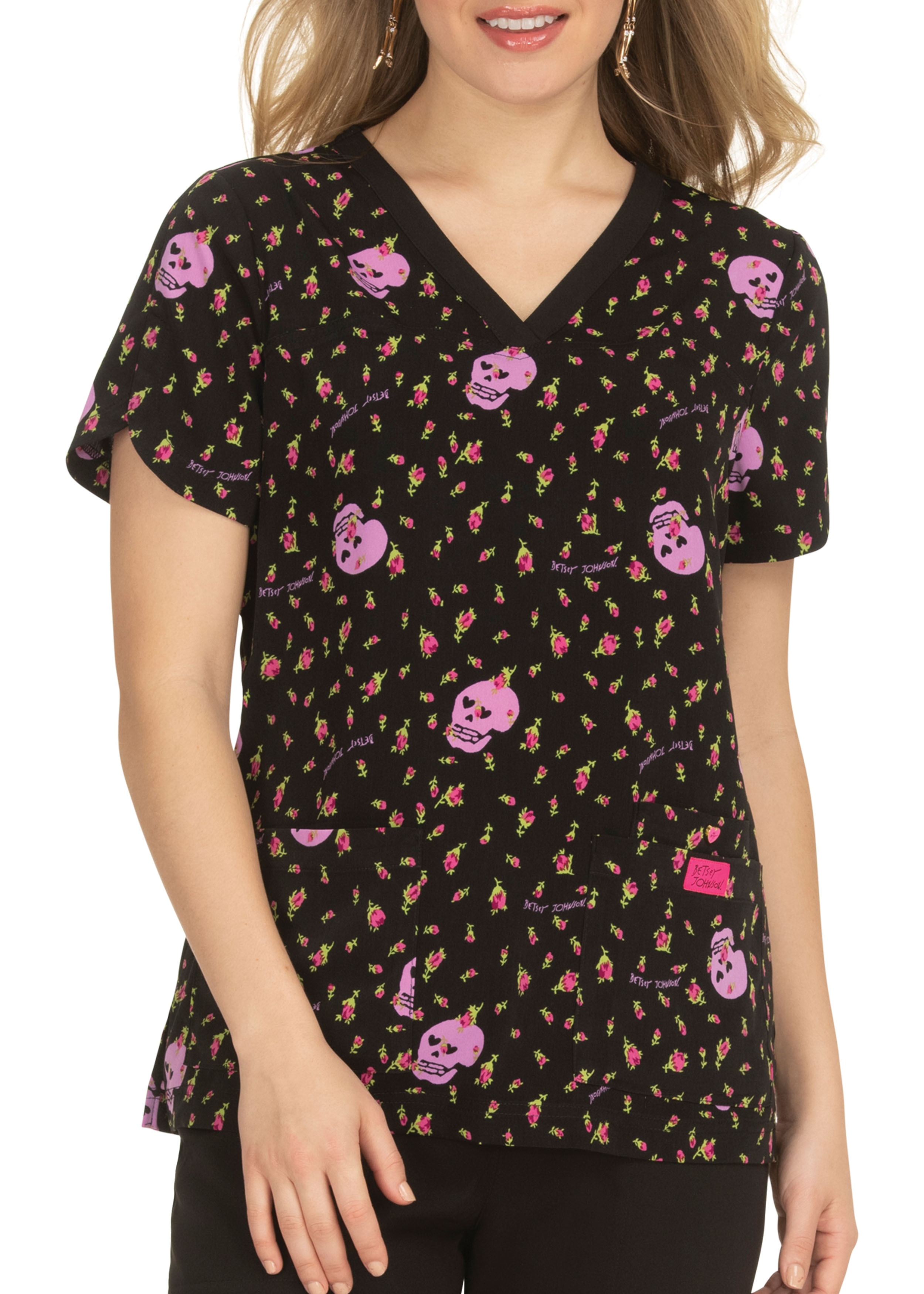 Betsey Johnson Rosebud Skulls Print Scrub Top