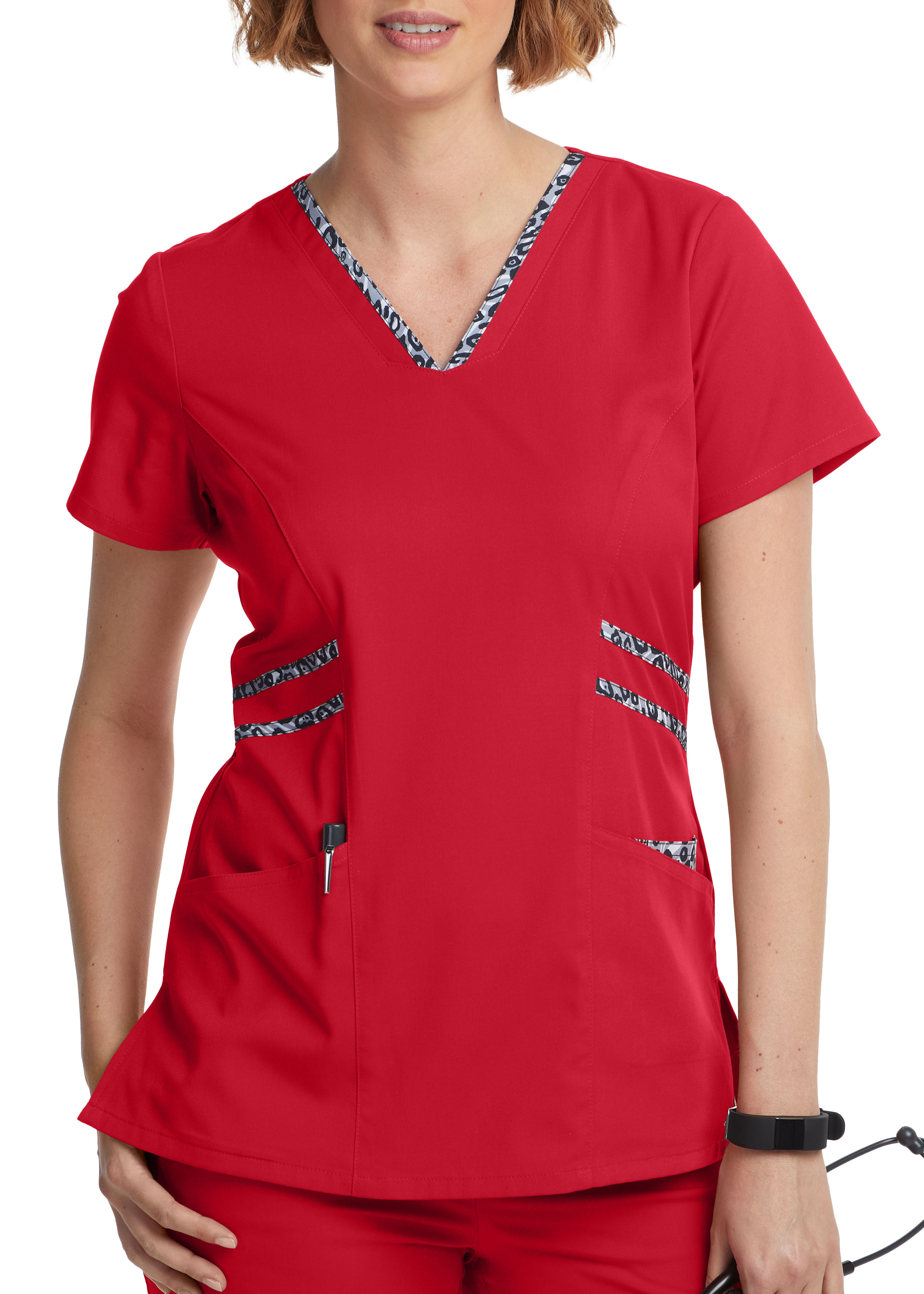 Grey's Anatomy Spandex Stretch Safari Leopard Trim Scrub Top