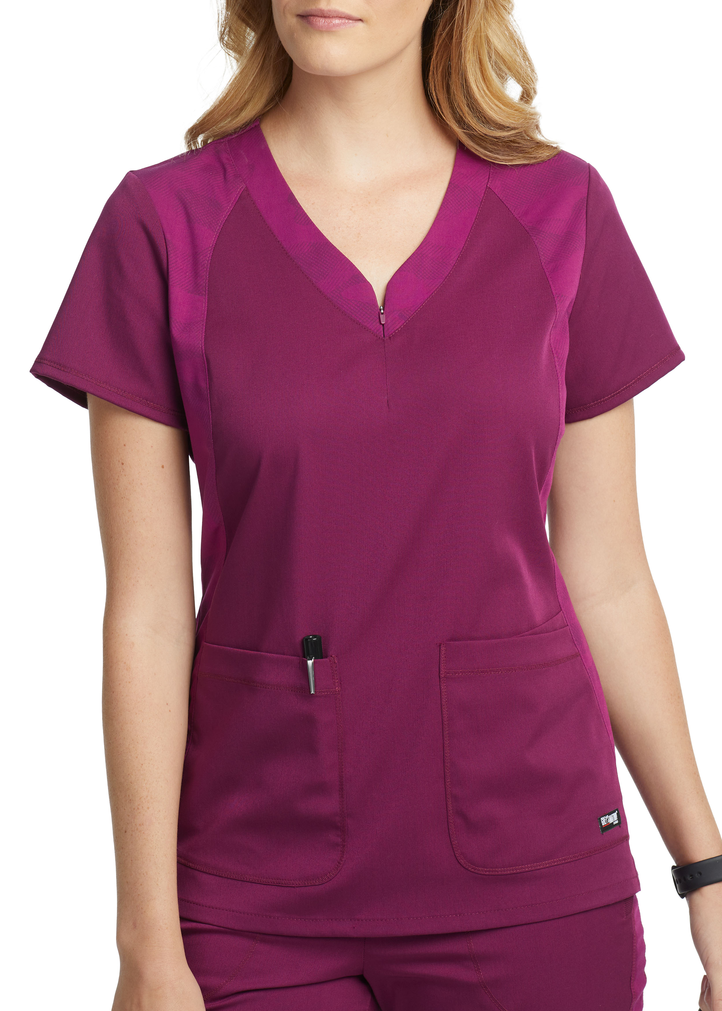 Greys anatomy Spandex Stretch Cloud Mesh 3 Pocket Zip Neck Scrub Top 