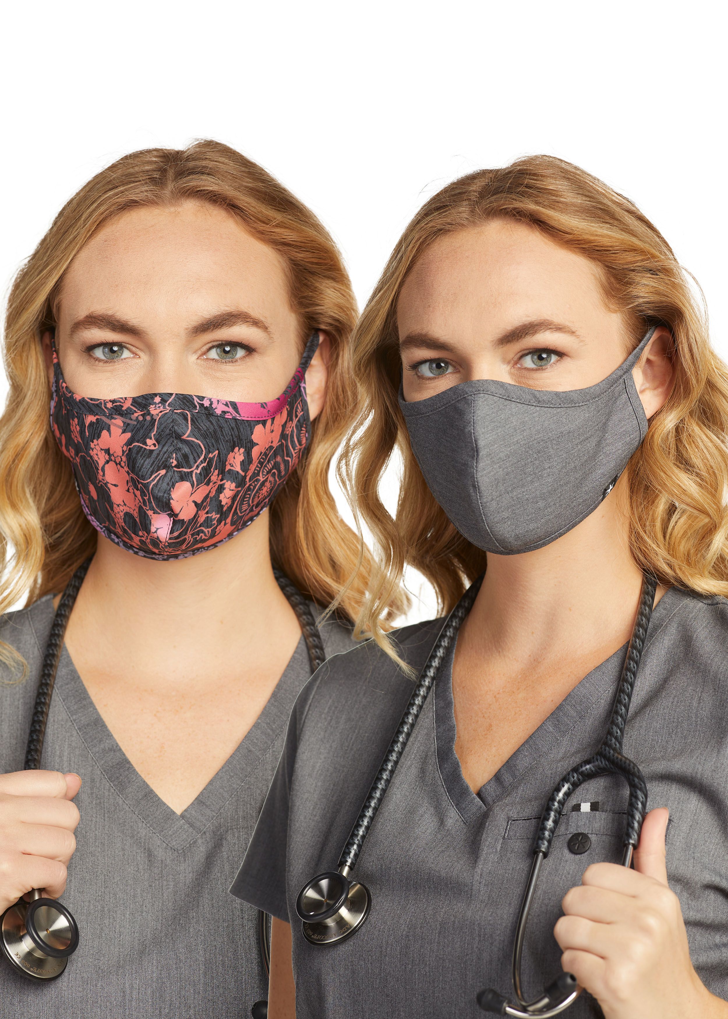 Beyond Scrubs Happiness Collection Ossie Floral/Heather Grey Two Pack Print Masks