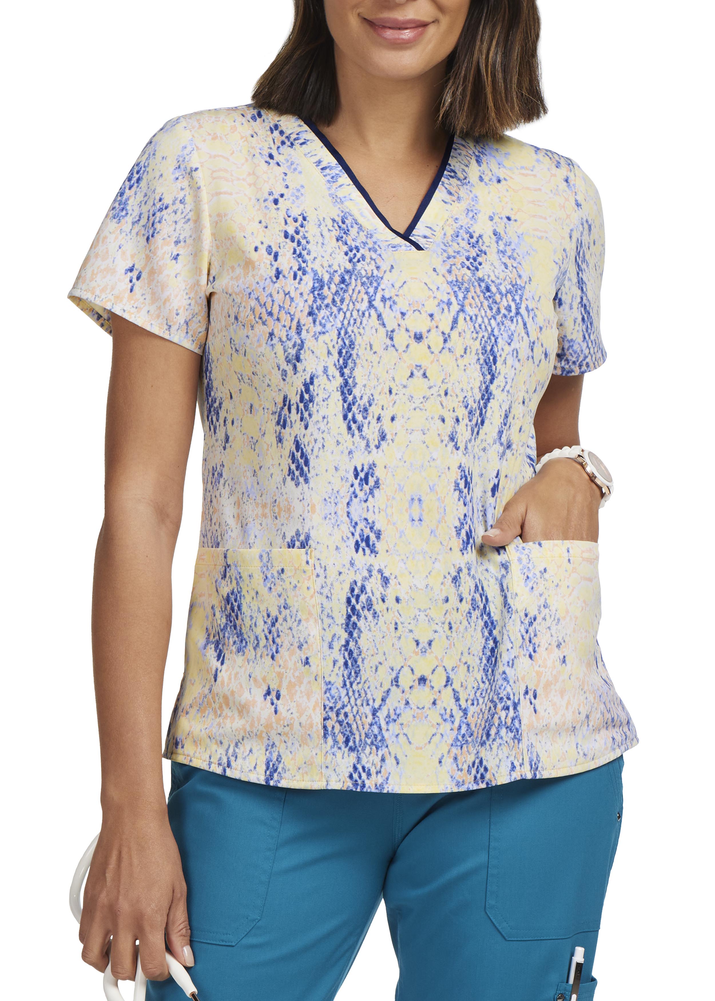 Zoe and Chloe Women's Contrast Mock Wrap Pattern Patch Print Scrub Top - Pattern Patch