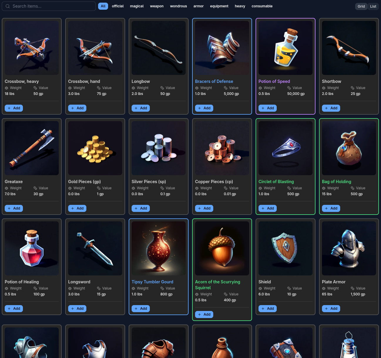 ScryMarket items marketplace showing fantasy RPG items with artwork, weights, and values