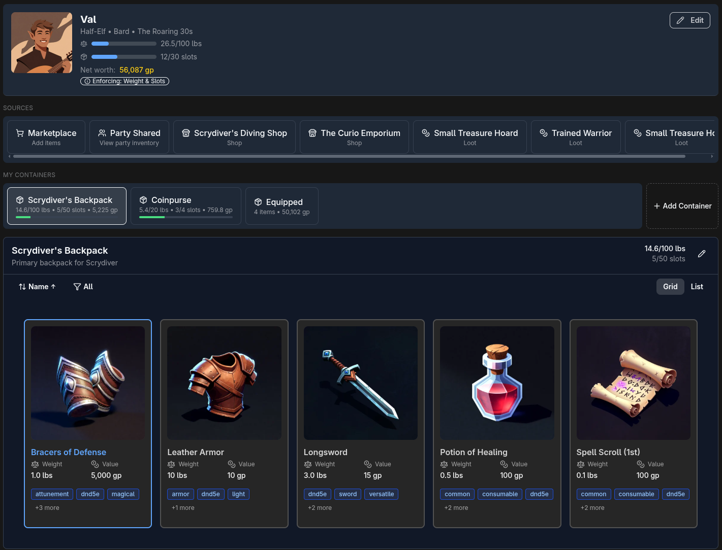 Character inventory showing weight and slot tracking with multiple containers