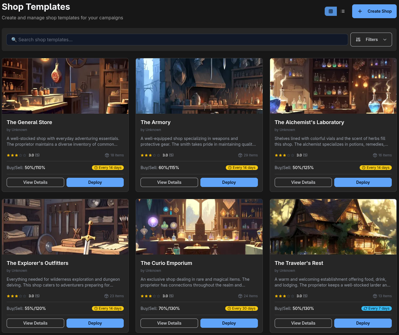 Shop templates marketplace with deploy buttons and community-created shops