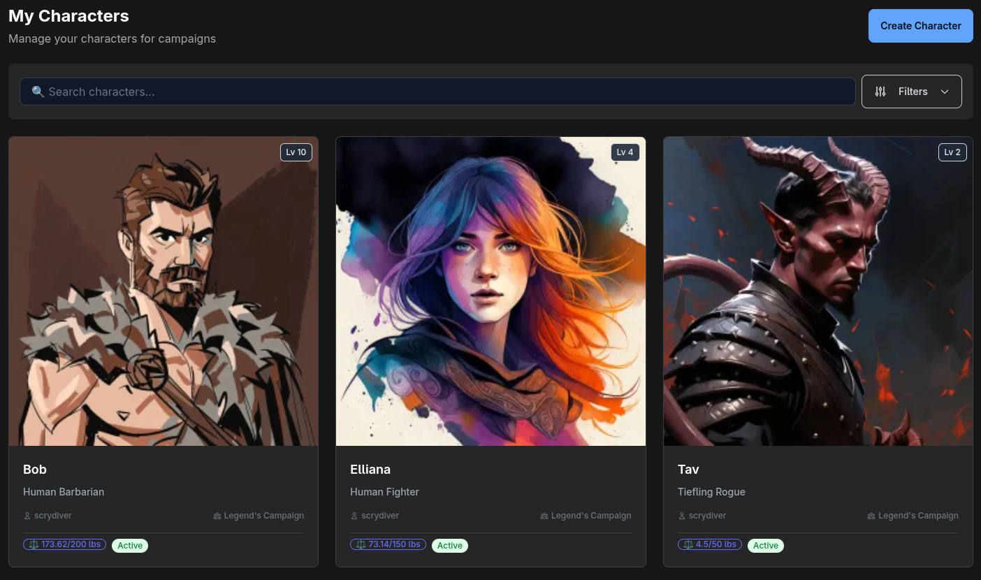 Character roster showing multiple characters with portraits, levels, and encumbrance tracking