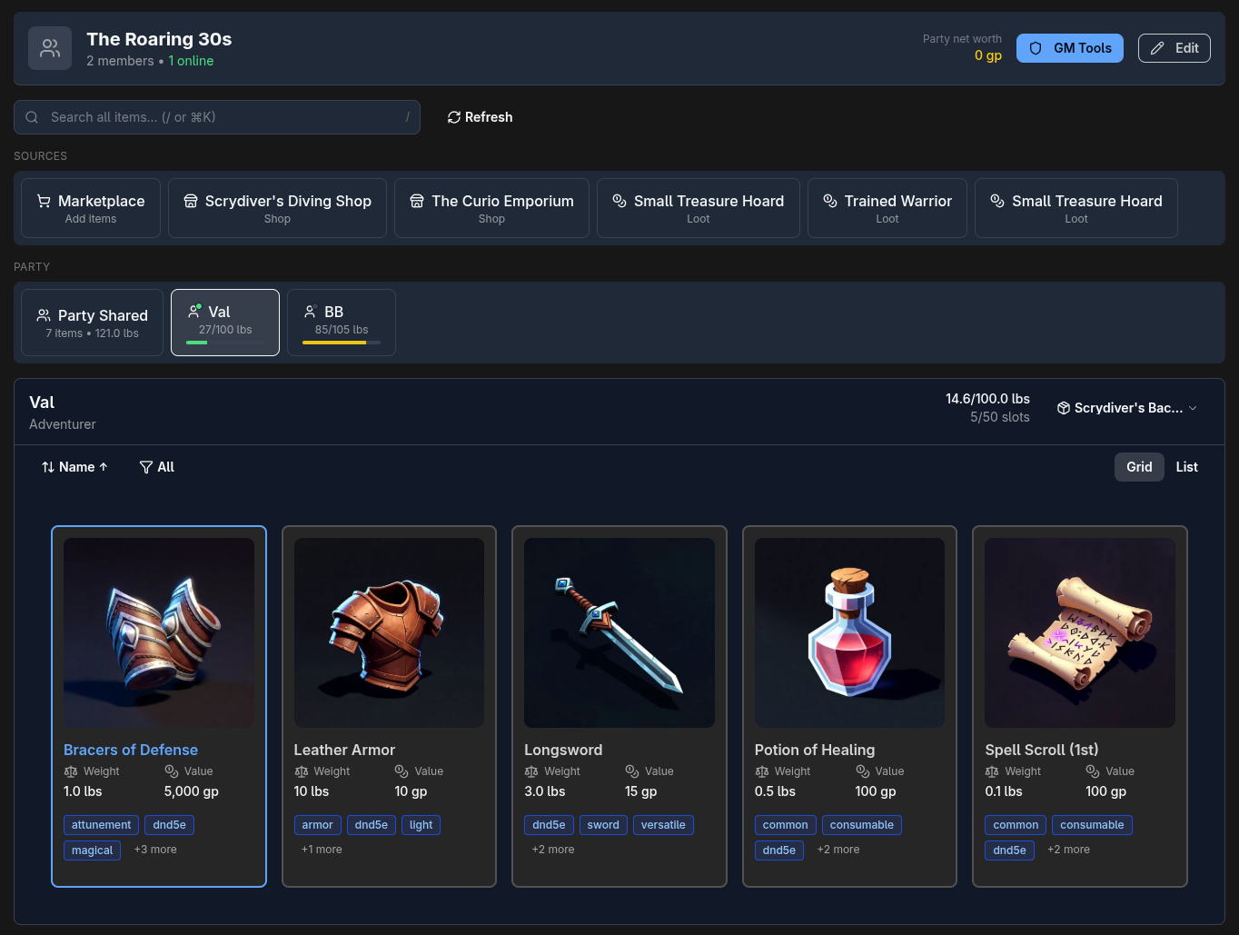Party inventory view showing multiple members, shared inventory, and real-time collaboration