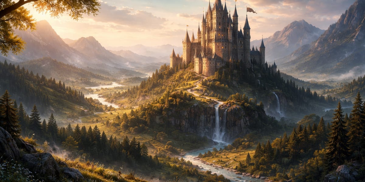 A serene castle overlooking a river valley, evoking a shared campaign world