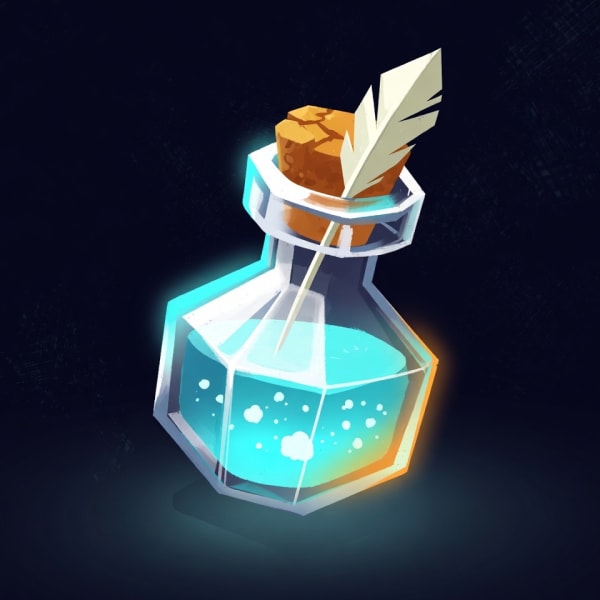 A potion of flying, its cyan liquid swirling with a feather sealed in the cork