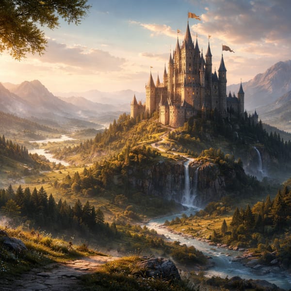 A serene castle overlooking a river valley, evoking a shared campaign world