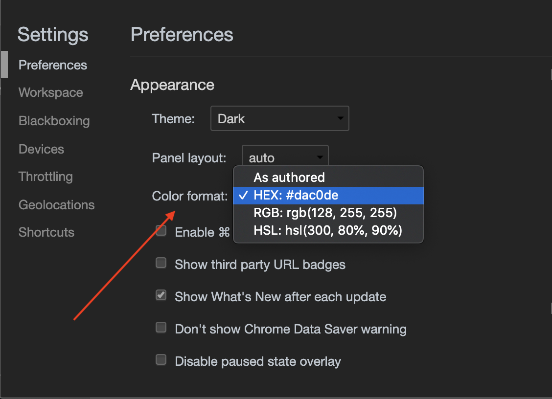 change colors in chrome dev tools between hex, hsl, and rgb | /*code