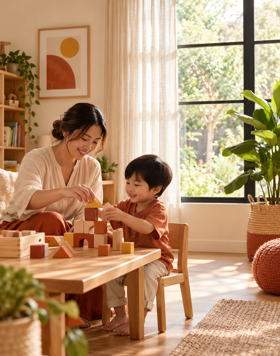 Warm, supportive play-based developmental observation with wooden blocks