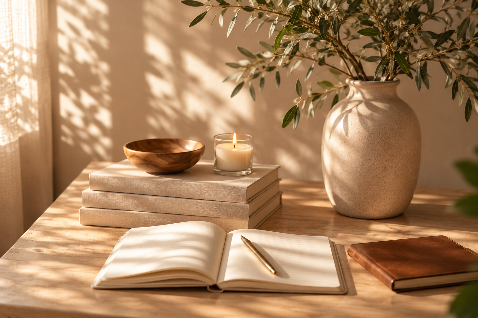 Sunlit minimalist desk vignette with botanicals, ceramics and notebooks