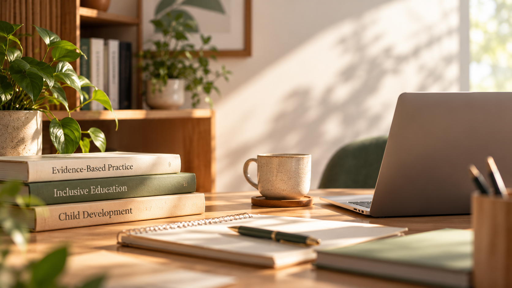 Professional workspace with books and greenery