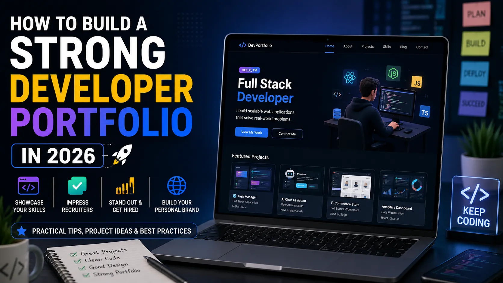 How to Build a Strong Developer Portfolio in 2026 featuring a modern full stack developer portfolio website with GitHub projects, coding skills, and personal branding elements
