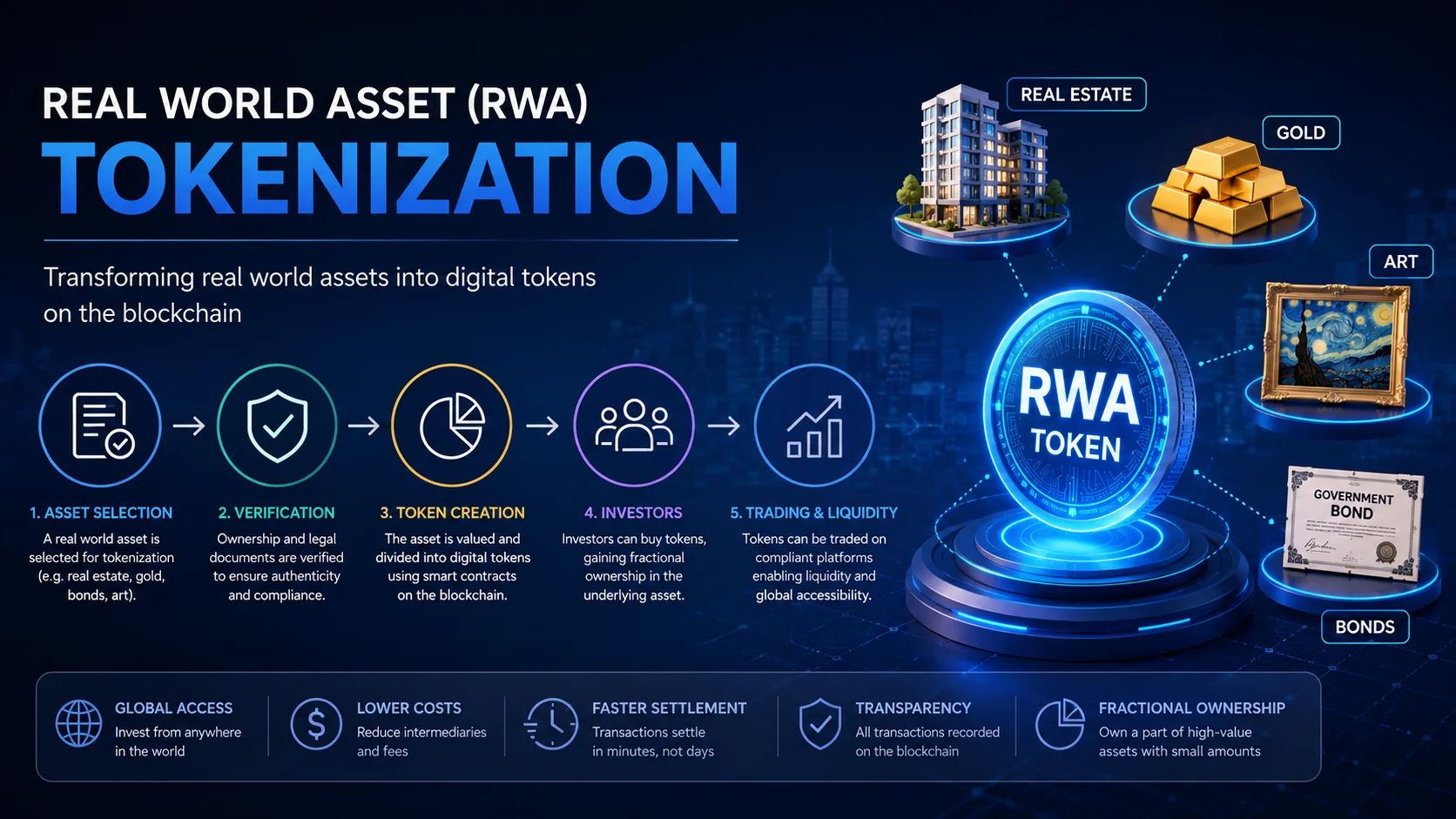 How Real World Asset (RWA) Tokenization works step by step using blockchain, smart contracts, and fractional ownership