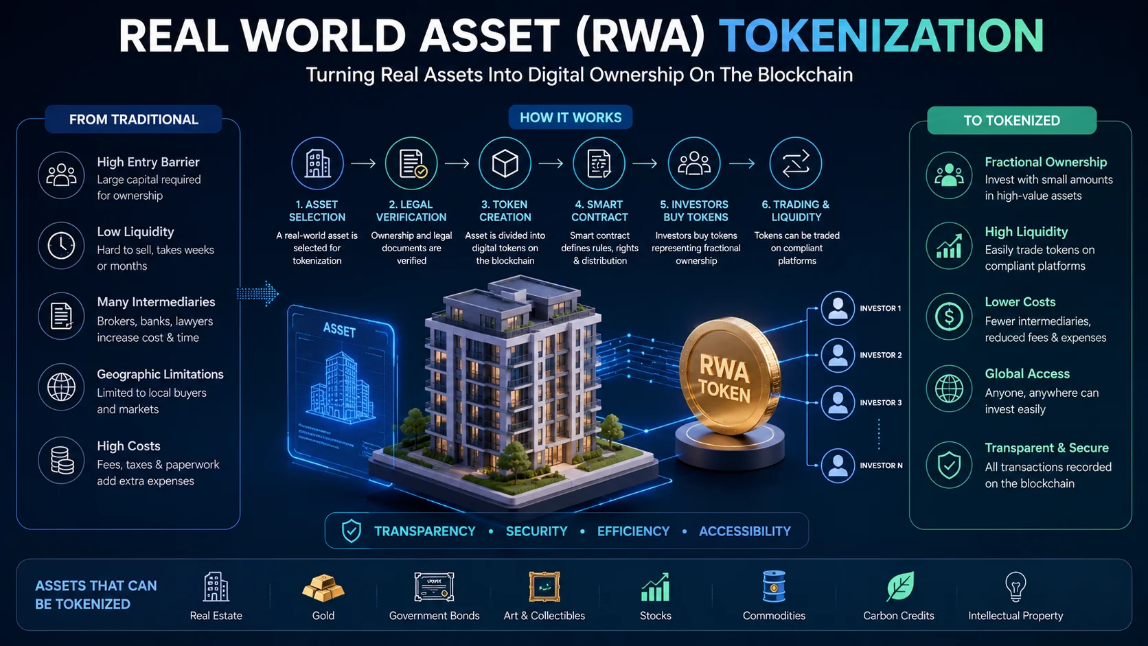 Real World Asset (RWA) Tokenization ecosystem showing blockchain, real estate tokenization, fractional ownership, investors, and digital asset workflow