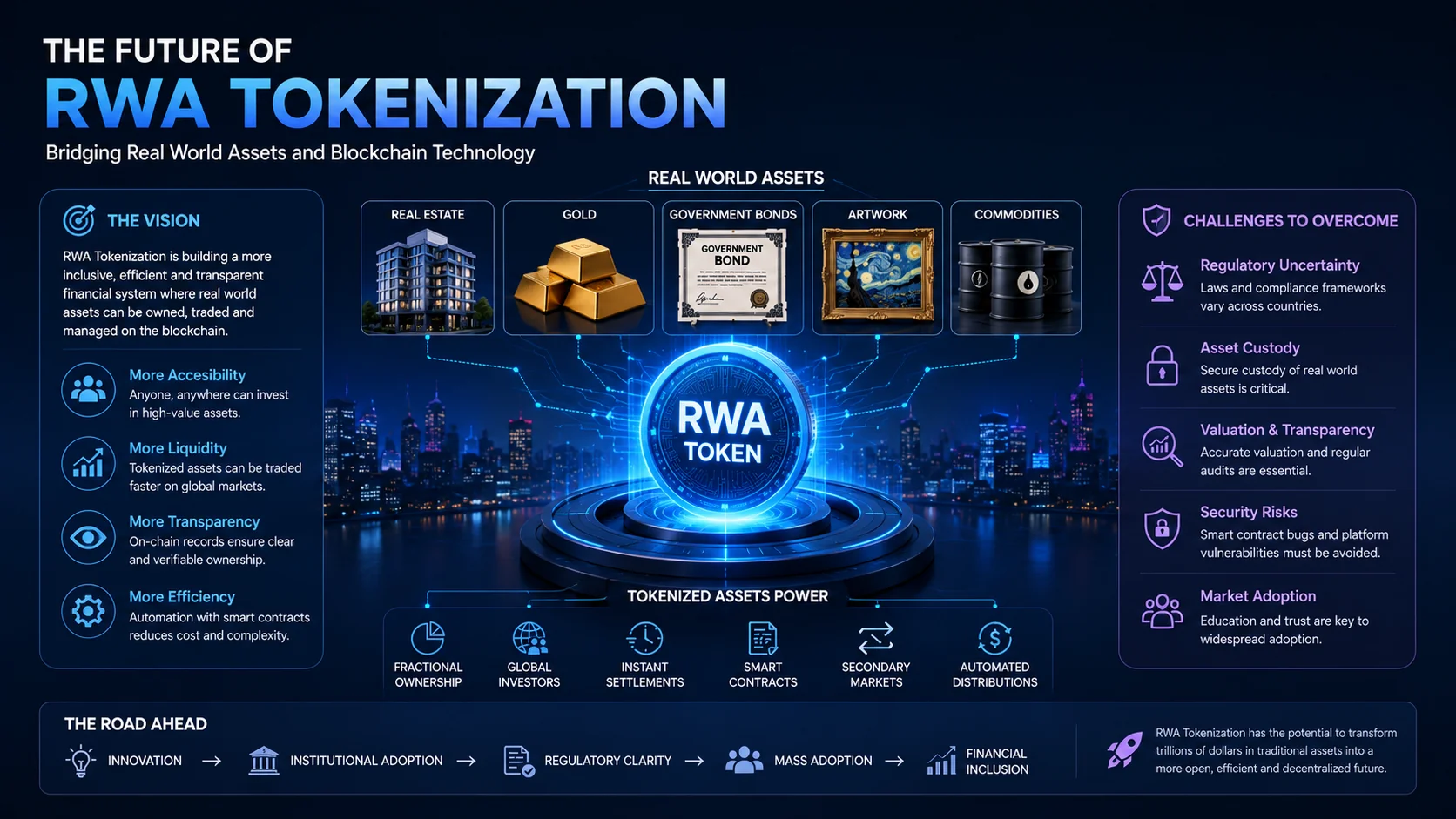 Future of Real World Asset (RWA) Tokenization showing blockchain adoption, tokenized assets, smart contracts, institutional investment, and financial innovation