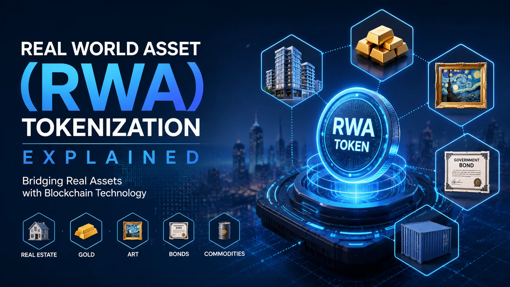 Real World Asset (RWA) Tokenization Explained with blockchain, tokenized real estate, gold, bonds, and digital assets illustration