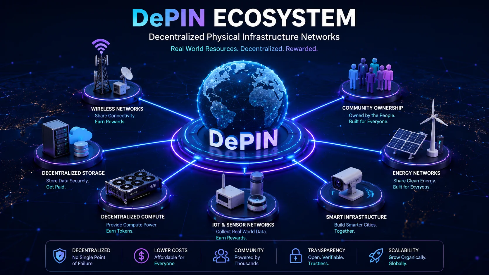 DePIN ecosystem showing decentralized storage, wireless networks, compute resources, IoT sensors, and community-powered infrastructure connected through blockchain technology.
