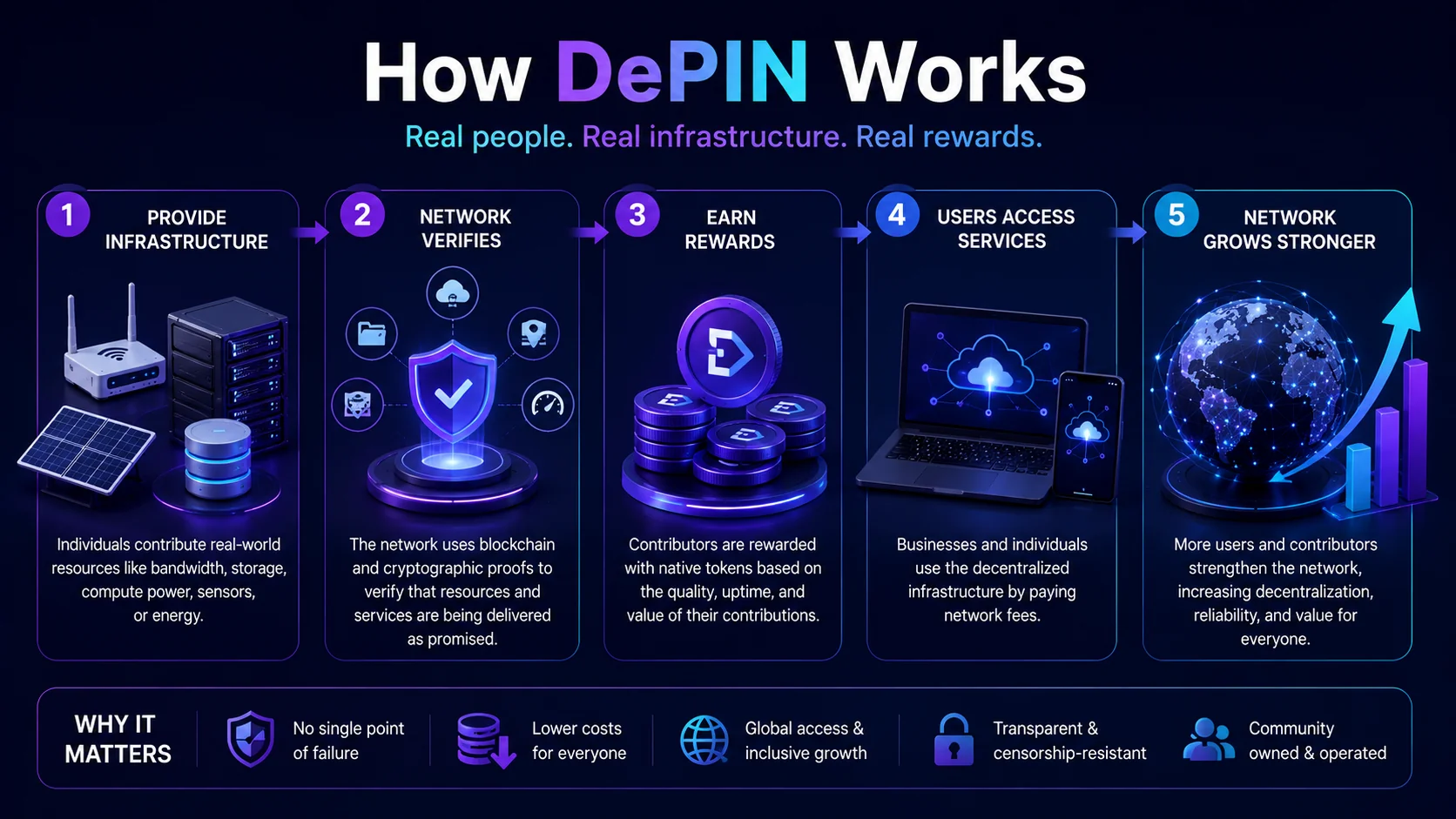 Infographic explaining how DePIN works, from contributing physical infrastructure and blockchain verification to earning rewards and building a decentralized global network.