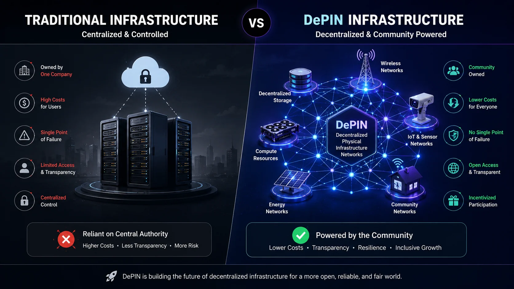 Comparison between traditional centralized infrastructure and DePIN decentralized infrastructure, highlighting differences in ownership, transparency, cost, scalability, and community-powered networks.