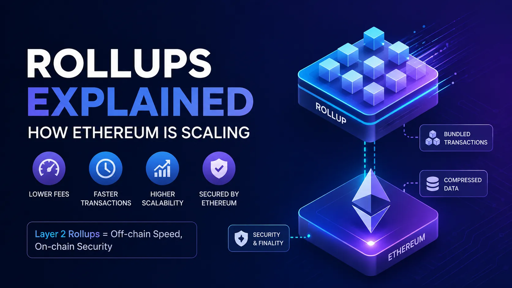 Rollups Explained: How Ethereum Is Scaling with Layer 2 technology, bundled transactions, lower gas fees, and Ethereum security illustration
