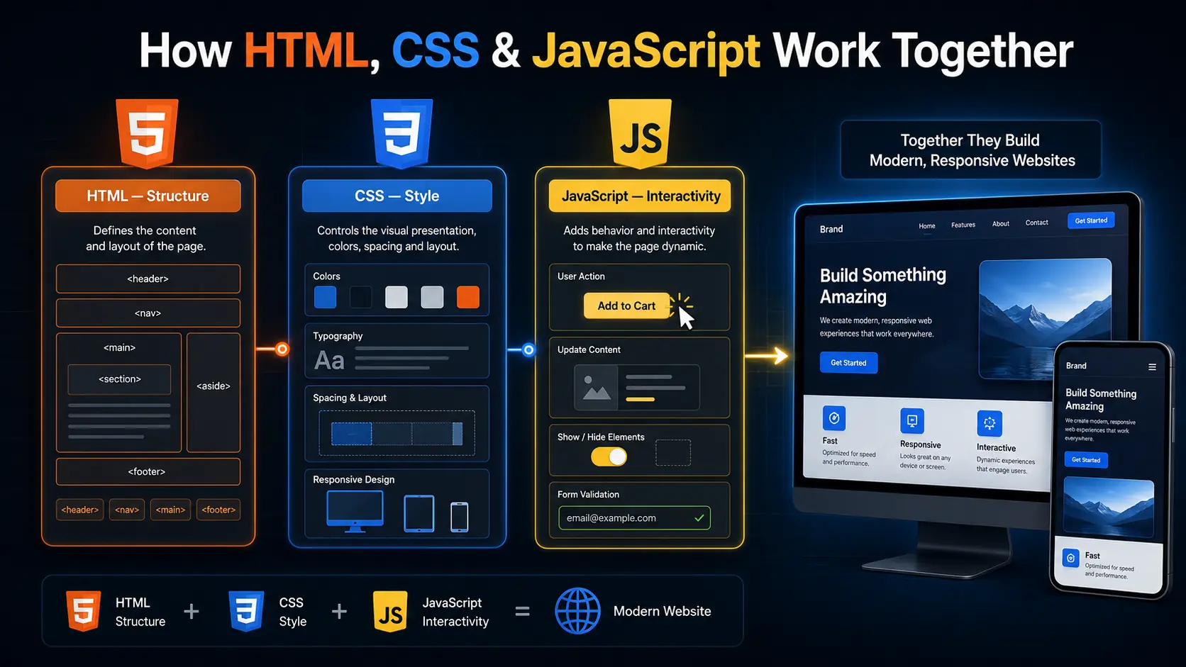 Visual explanation showing how HTML provides structure, CSS adds styling, and JavaScript creates interactivity in modern responsive websites