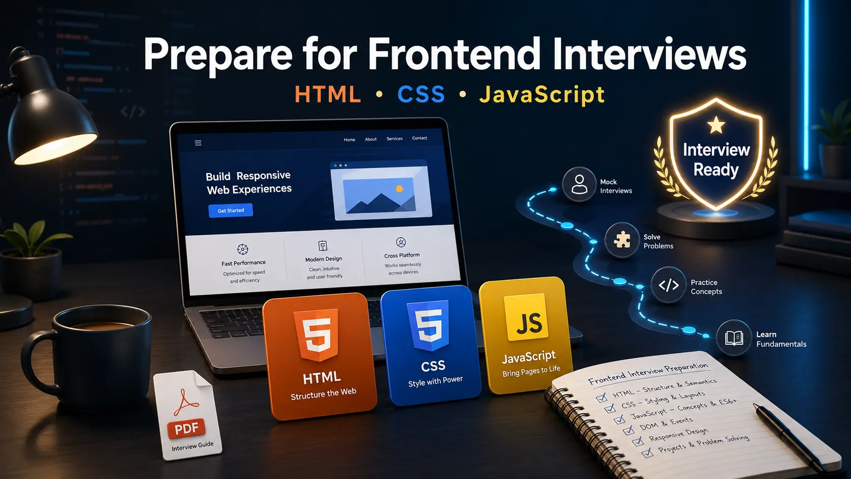 Visual explanation showing how HTML provides structure, CSS adds styling, and JavaScript creates interactivity in modern responsive websites