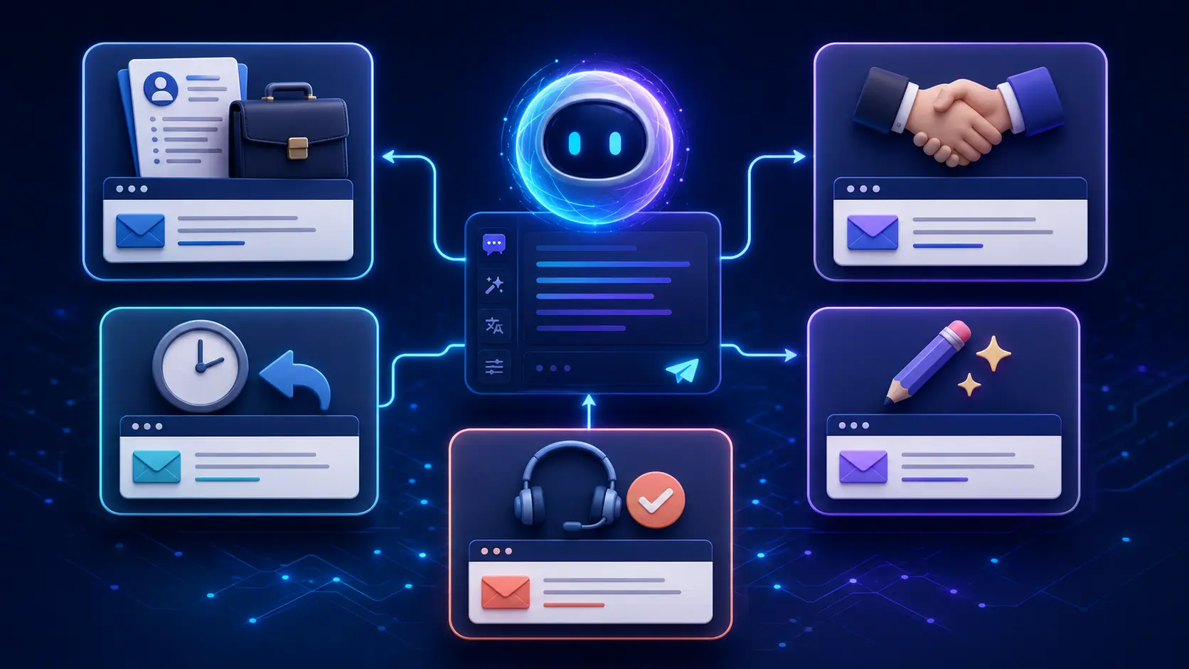 AI assistant generating job application, client outreach, follow-up, rewritten, and customer support emails