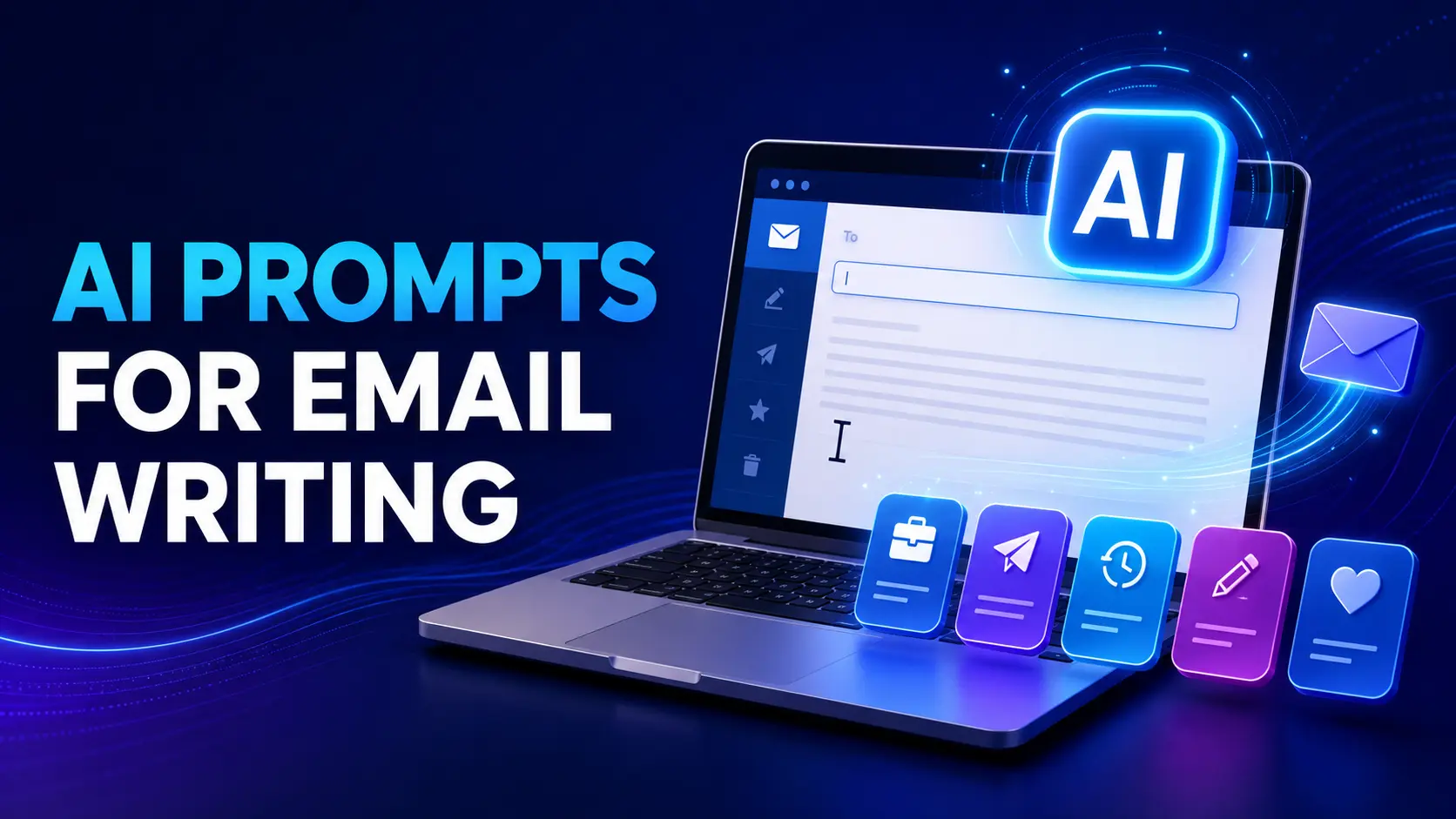 AI prompts for email writing shown with a laptop, professional email interface, AI assistant, and email communication icons