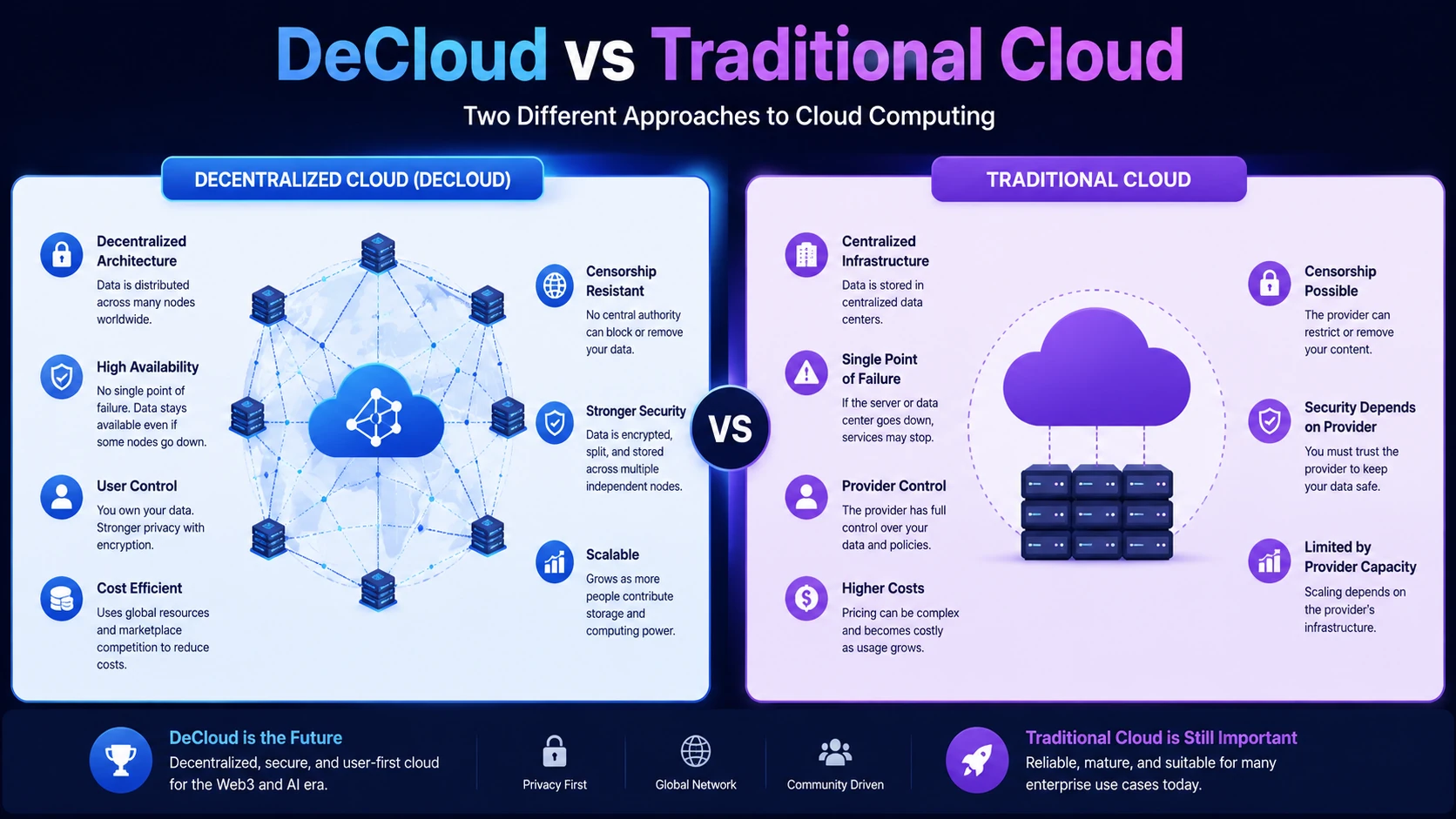 DeCloud vs Traditional Cloud infographic comparing decentralized cloud architecture, security, scalability, storage, privacy, and centralized cloud infrastructure