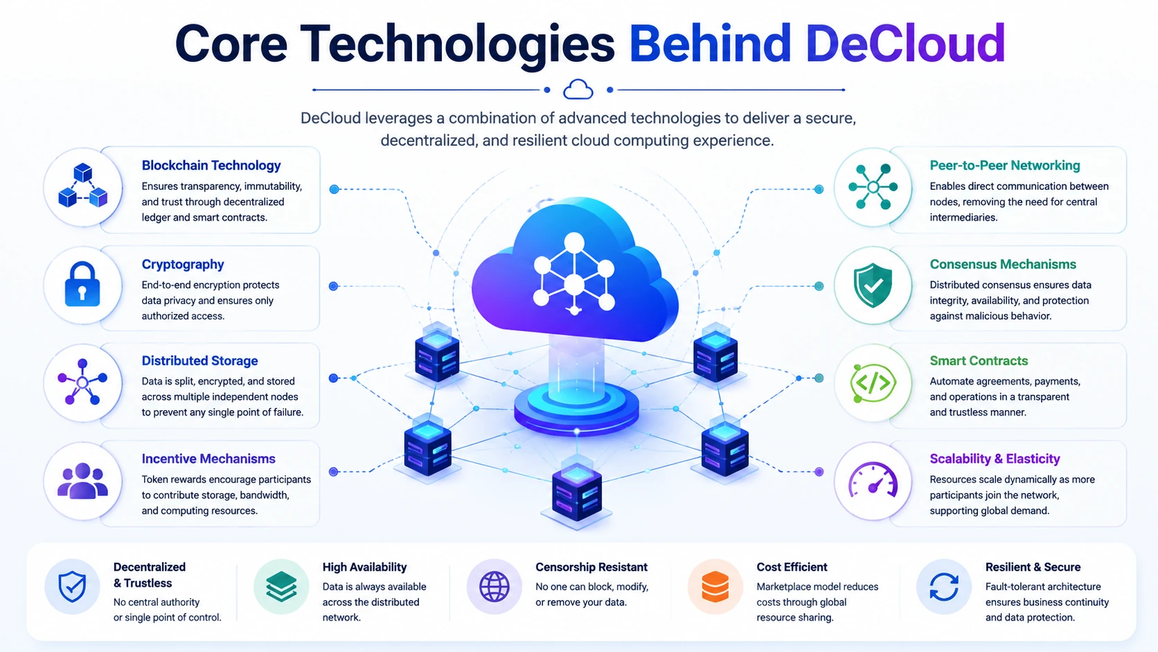Core technologies behind DeCloud infographic featuring blockchain
