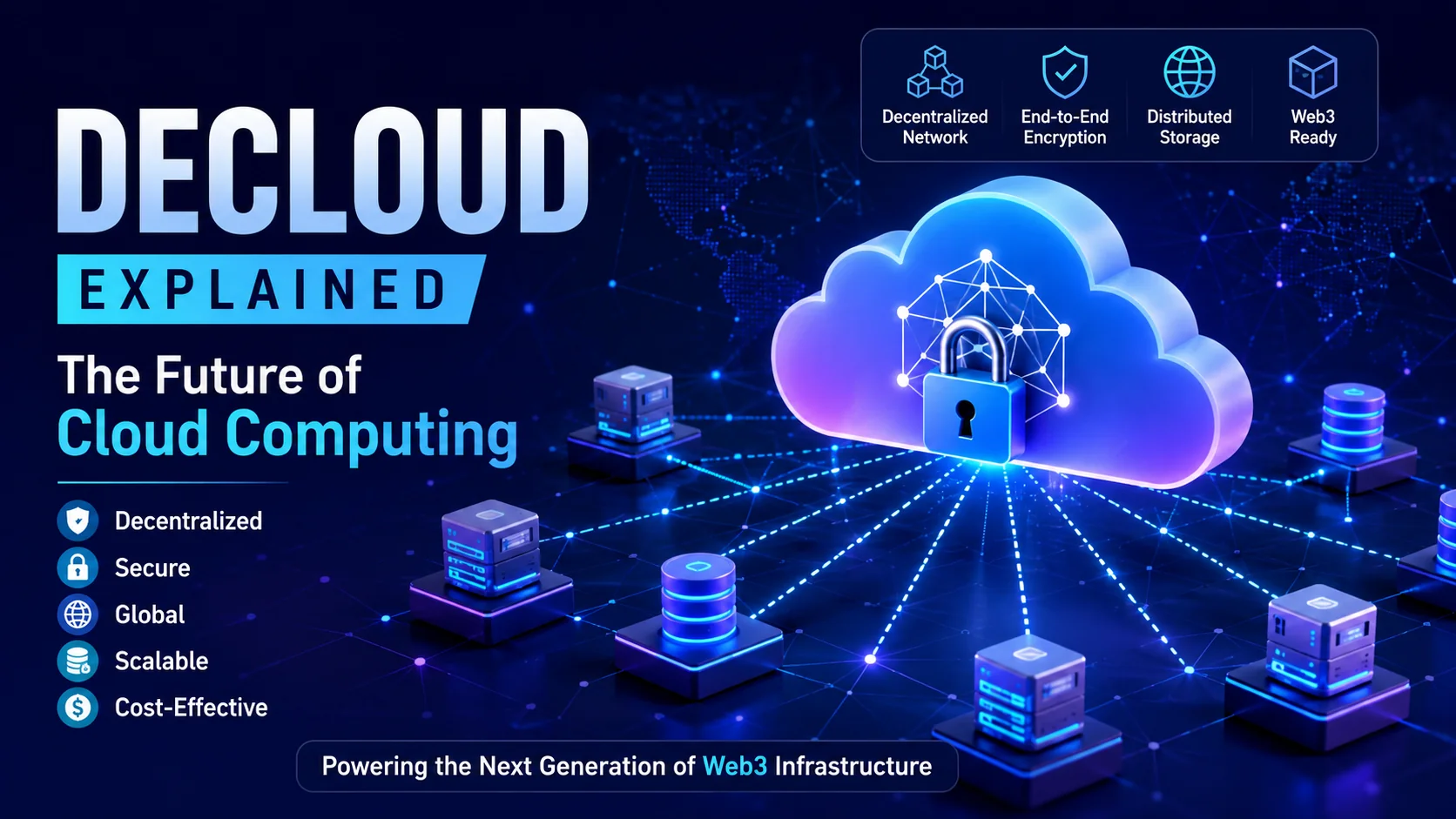 DeCloud explained illustration showing decentralized cloud computing with blockchain-powered distributed storage, secure cloud infrastructure, and Web3 network architecture