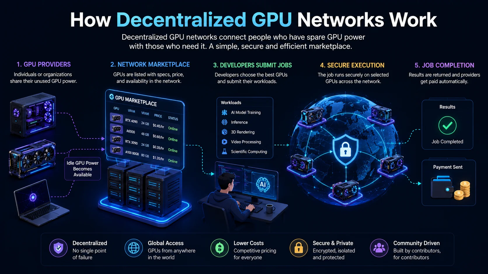 decentralized gpu network workflow infographic