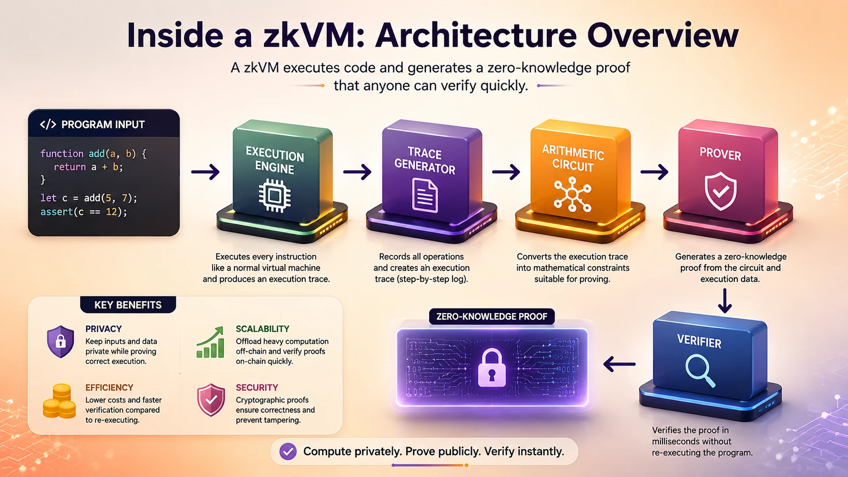 Zero-Knowledge Virtual Machine (zkVM) architecture showing execution engine,