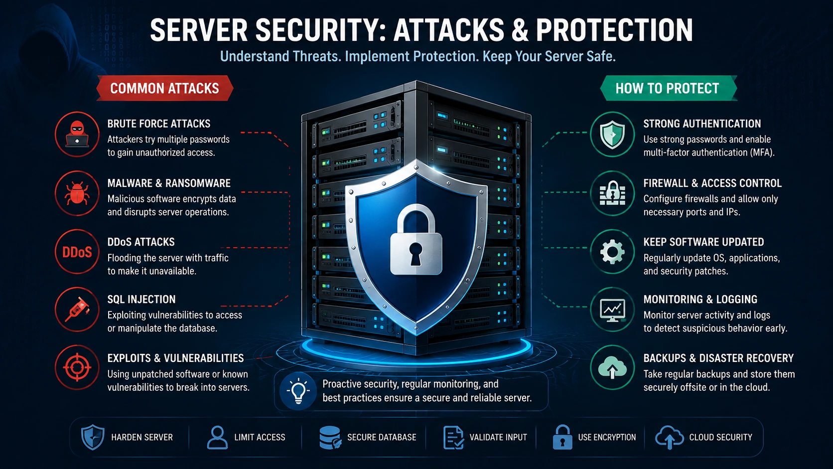 Server Security Attacks and Protection Infographic