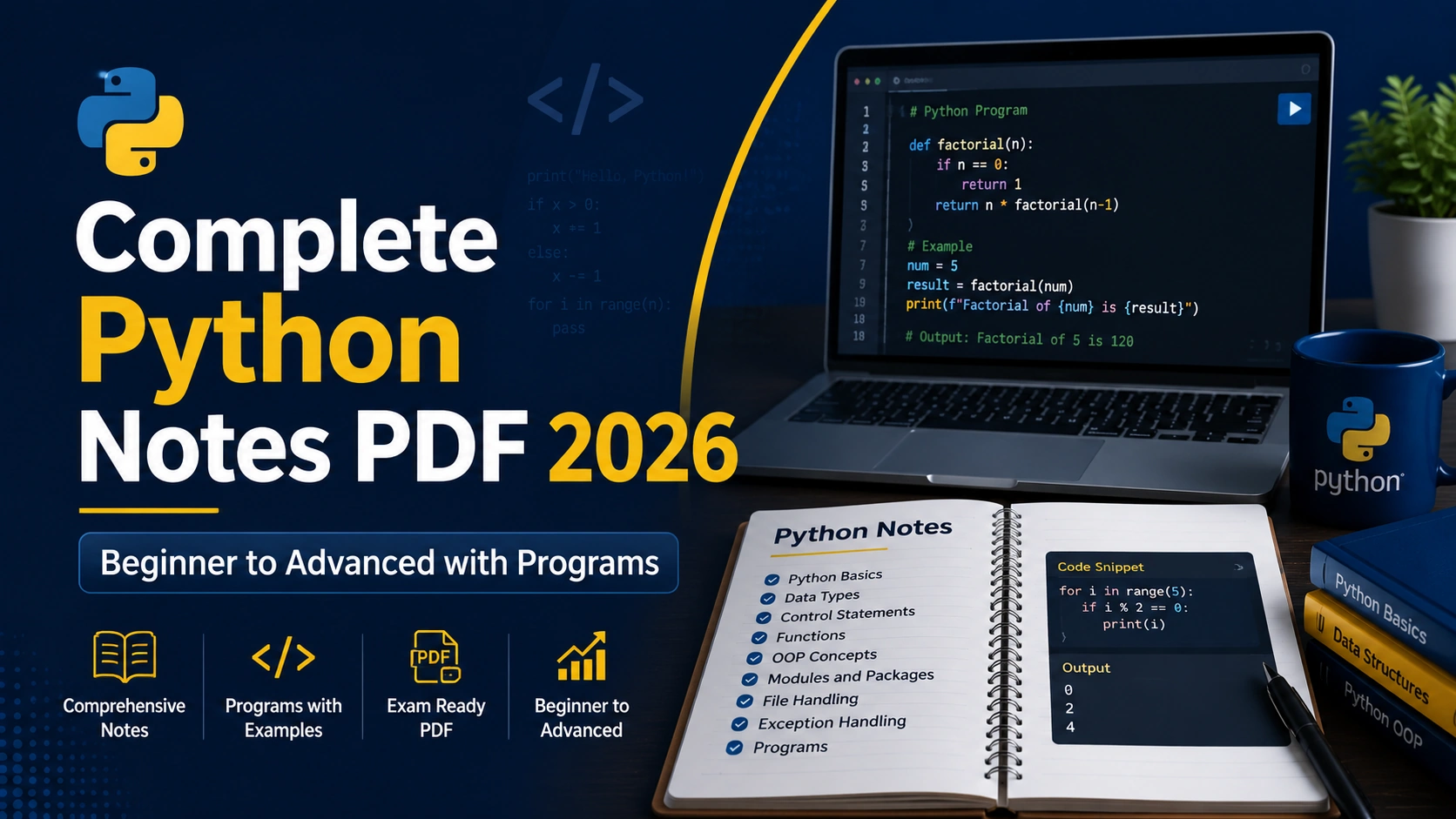 Download complete Python Notes PDF covering beginner to advanced concepts, syntax, programs, OOP, files, APIs, databases, projects, interview questions