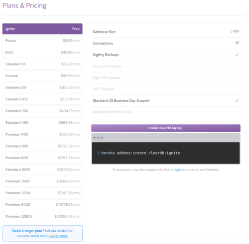 ClearDB Plans & Pricing