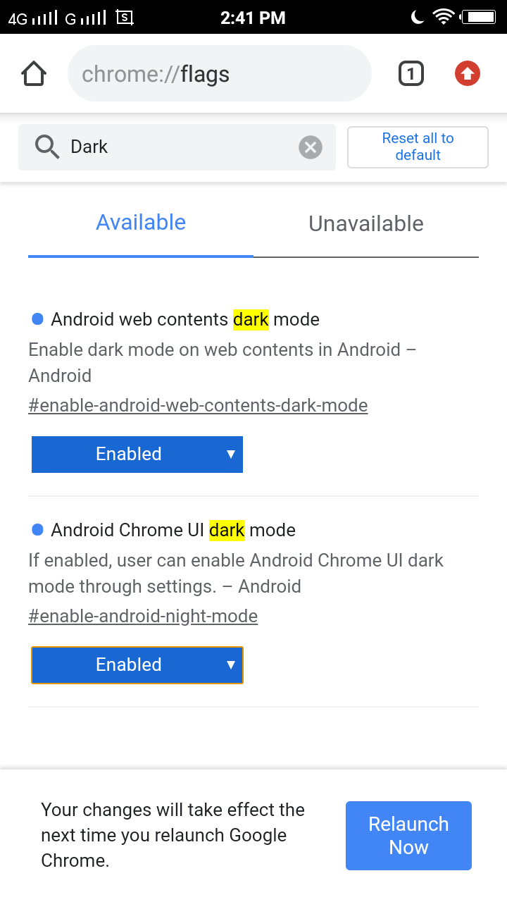 Options to enable dark mode