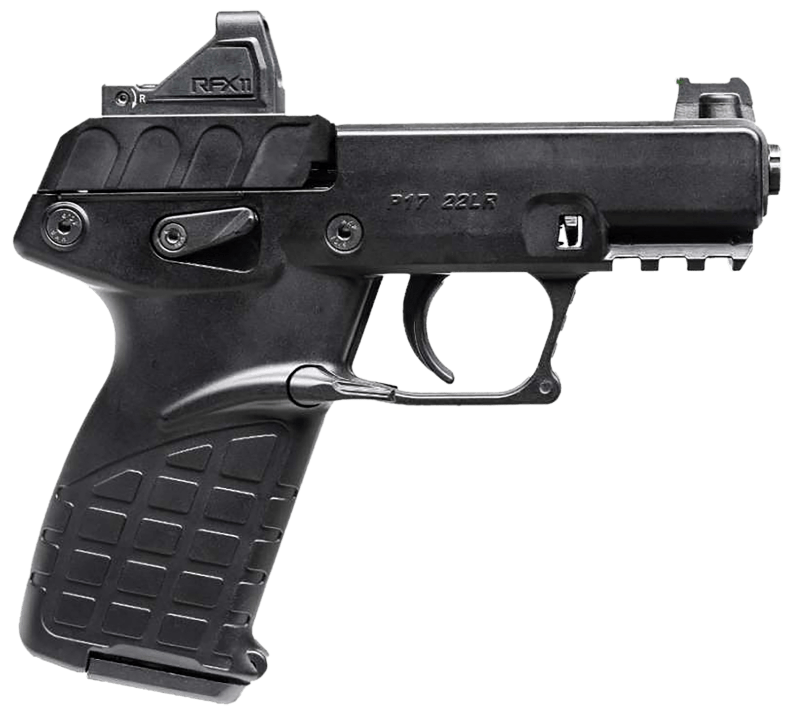 Kel-Tec P17BBLKOPTIC P17 Compact Frame 22 LR 16+1 3.80" Black Steel Barrel, Black Serrated Steel Slide, Black Polymer Frame w/Picatinny Rail, Textured Grip, Viridian RFX-11 Green Dot, Ambidextrous