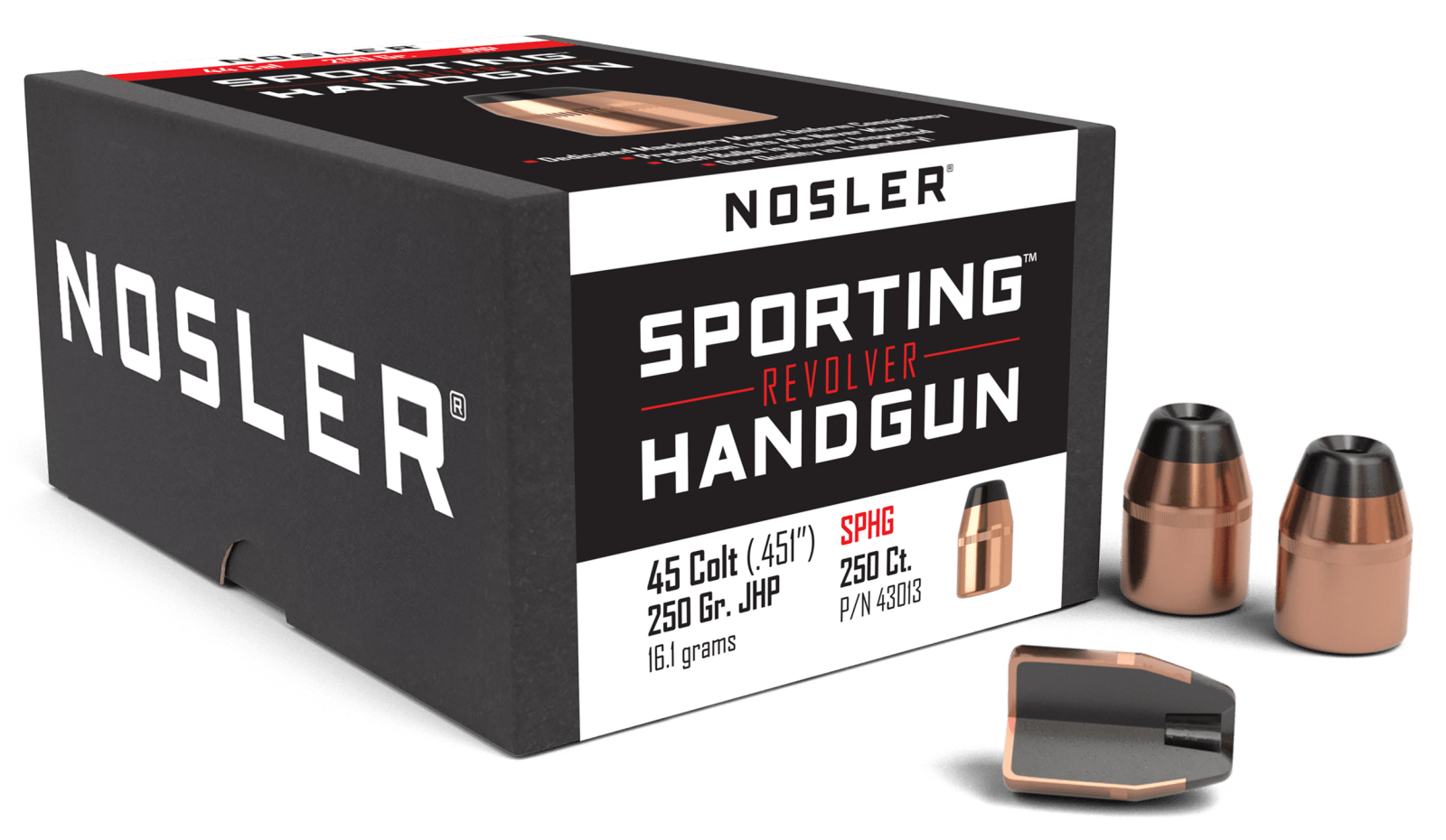 Nosler 43013 Sporting Handgun 45Colt 250gr Jacketed Hollow Point 100/Box