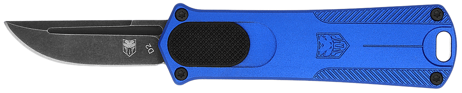 CobraTec Knives CALI952BLUDNS California 952 *CA Compliant 1.75" OTF Drop Point Plain Black Stonewashed D2 Steel Blade, 3" Blue Anodized Aluminum Handle
