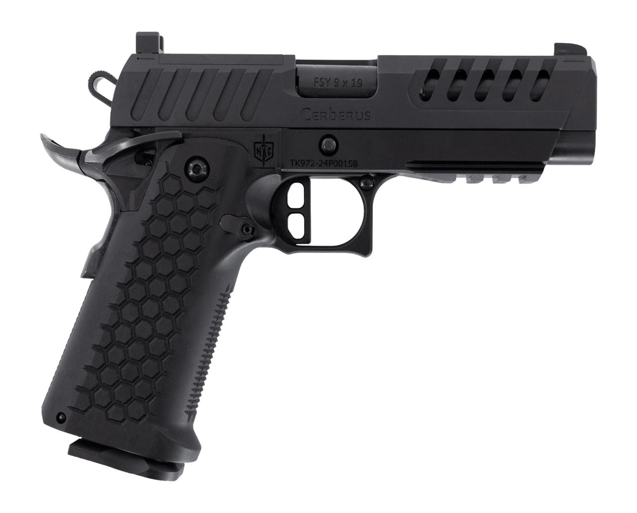 MAC 12500032 Cerberus 9mm Luger 17+1 4.40" Bull w/Target Crown Barrel, QPQ Tenifer Cerakote Optic Ready/Serrated Slide, Aluminum Grip, RMR Footprint