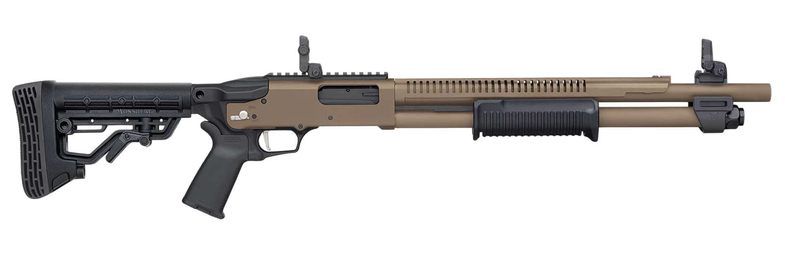 Mossberg 50758 590R  12 Gauge Pump 3" 6+1 18.50" Flat Dark Earth Cerakote Heat Shield Barrel, Flat Dark Earth Cerakote Steel Receiver, Black AR Mil-Spec Adjustable Synthetic Stock, Black Magpul Grip