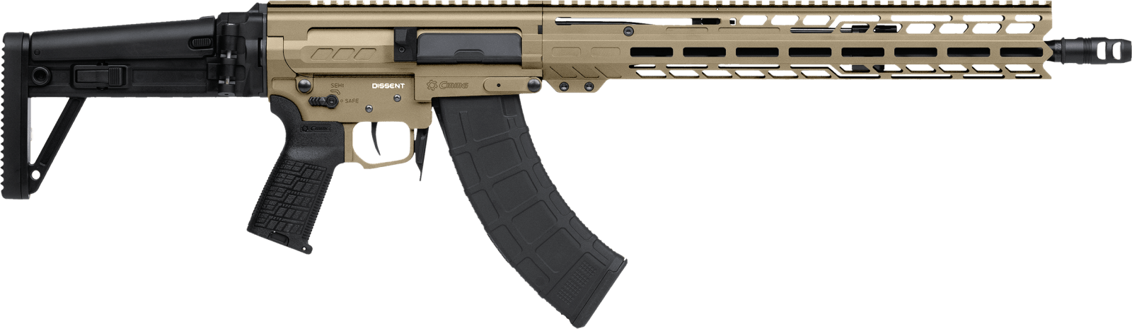 CMMG 86AD60BCT Dissent MK47 7.62x39mm 30+1 (2) 16.10", Coyote Tan Rec/15" M-Lok Handguard, Side Charging Handle, Black Side Folding Stock & Zeroed Grip, Muzzle Brake, 60/90 Ambi Safety, Adj. Gas Block
