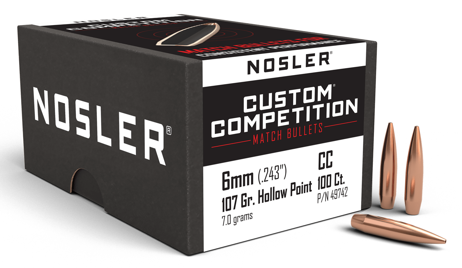 Nosler 49742 Custom Competition 6mm 107gr Hollow Point Boat Tail 100/Box
