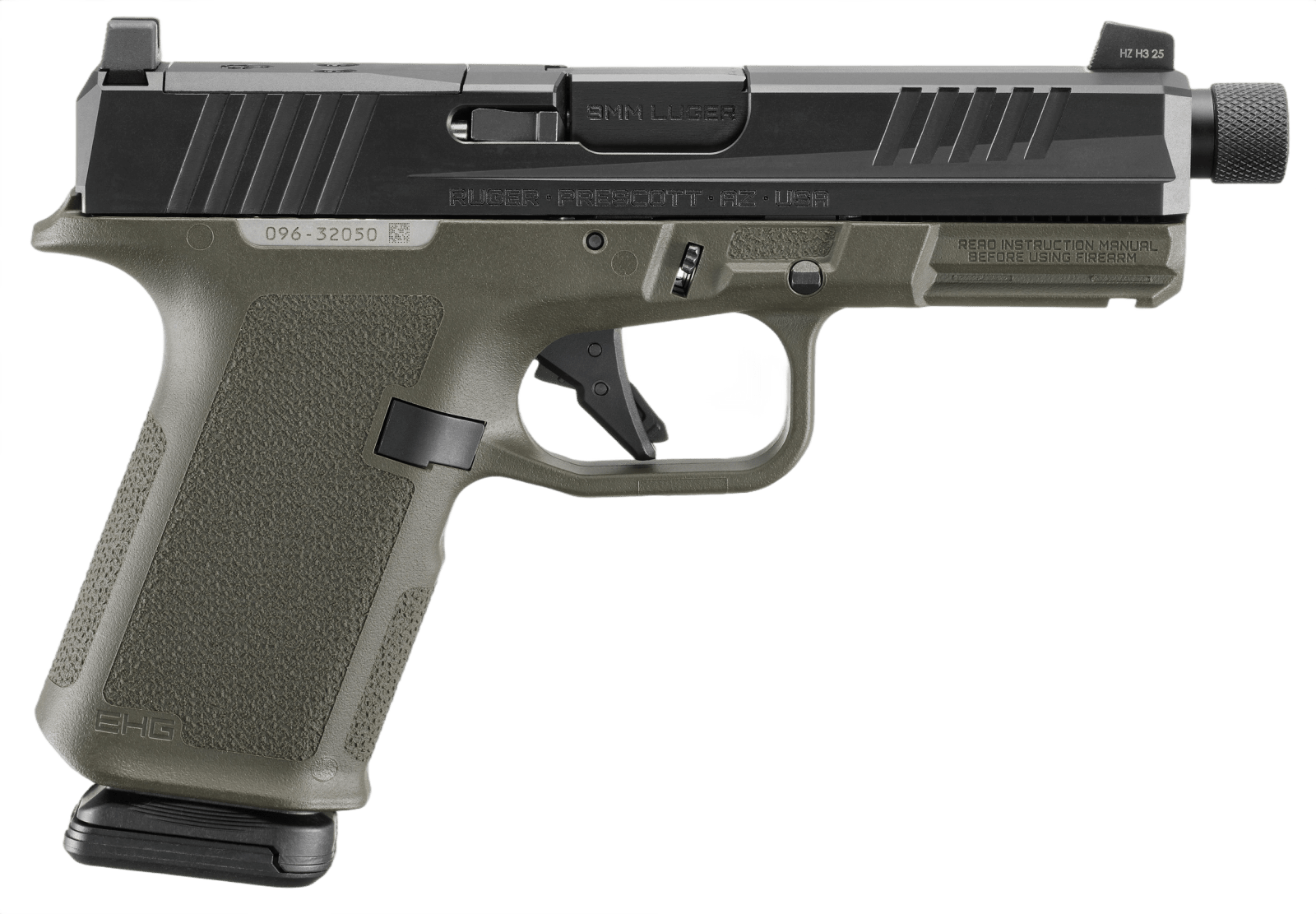 Ruger 19436 RXM 9mm Luger 15+1 4.50" Black FNC Nitride Threaded Barrel & Optic Ready/Serrated Slide, OD Green Polymer Frame w/Accessory Rail, Textured Grip, RMSc/RMR/DeltaPoint Pro Footprint