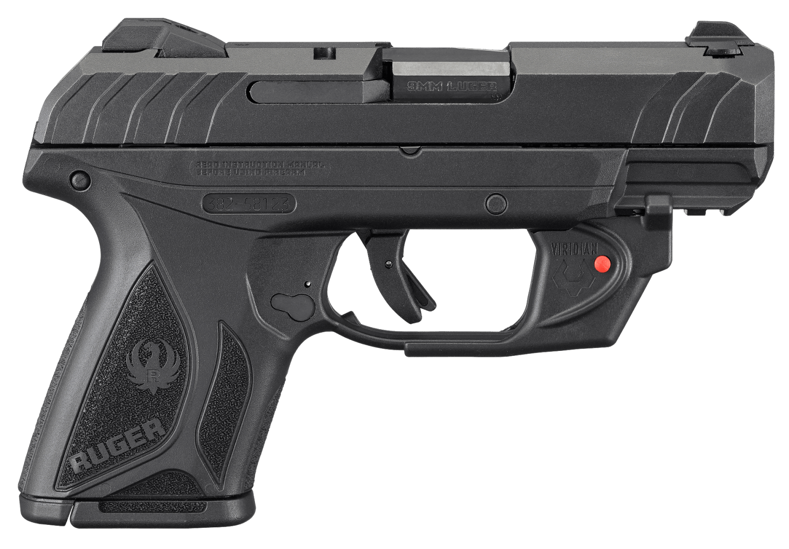 Ruger 3830 Security-9 Compact 9mm Luger 3.42" Barrel 10+1, Black Nylon Grip Frame With Picatinny Acc. Rail, Black Oxide Steel Slide, Manual Safety, Includes Viridian Red Laser
