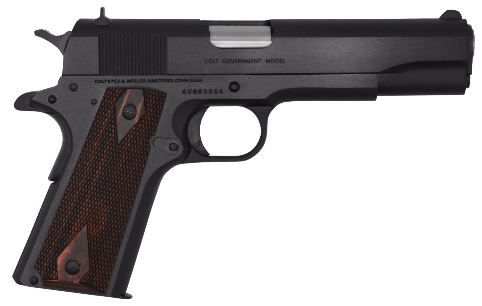 Colt Mfg O1911C 1911 Government 45 ACP 7+1, 5" Stainless National Match Barrel, Blued Serrated Steel Slide & Frame w/Beavertail Double Diamond Checkered Rosewood Grip