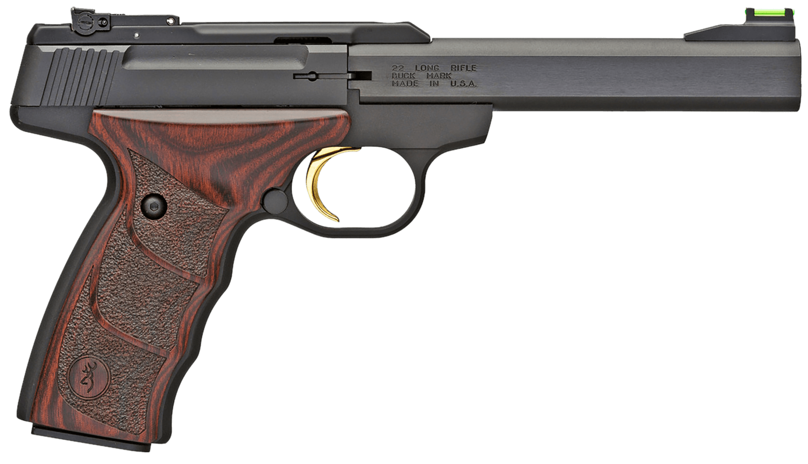 Browning 051429490 Buck Mark Plus *CA Compliant 22 LR 10+1 5.50" Slab Side Barrel, Matte Black Serrated Steel Slide & Aluminum Frame, Brown Finger Grooved Laminate Grips